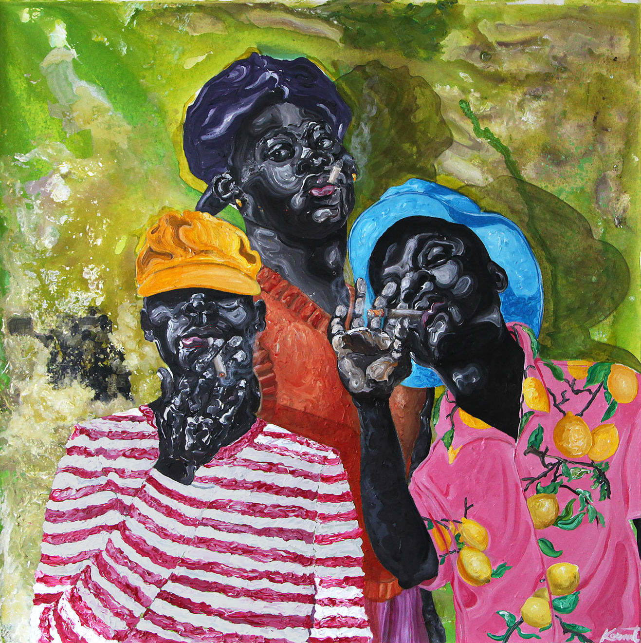 painting of three men in colorful shirts smoking a cigar