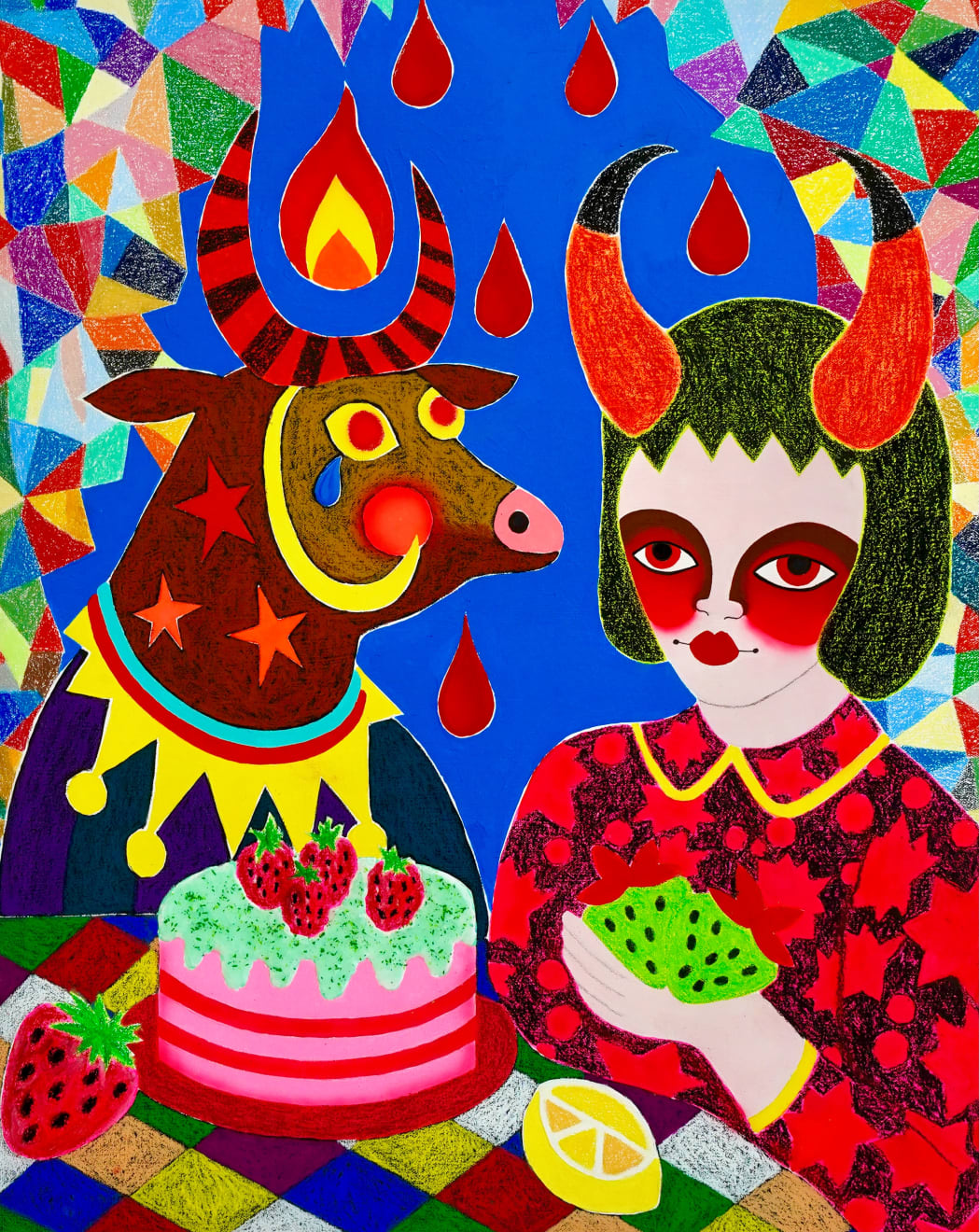 painting of a cow and a girl eating cake