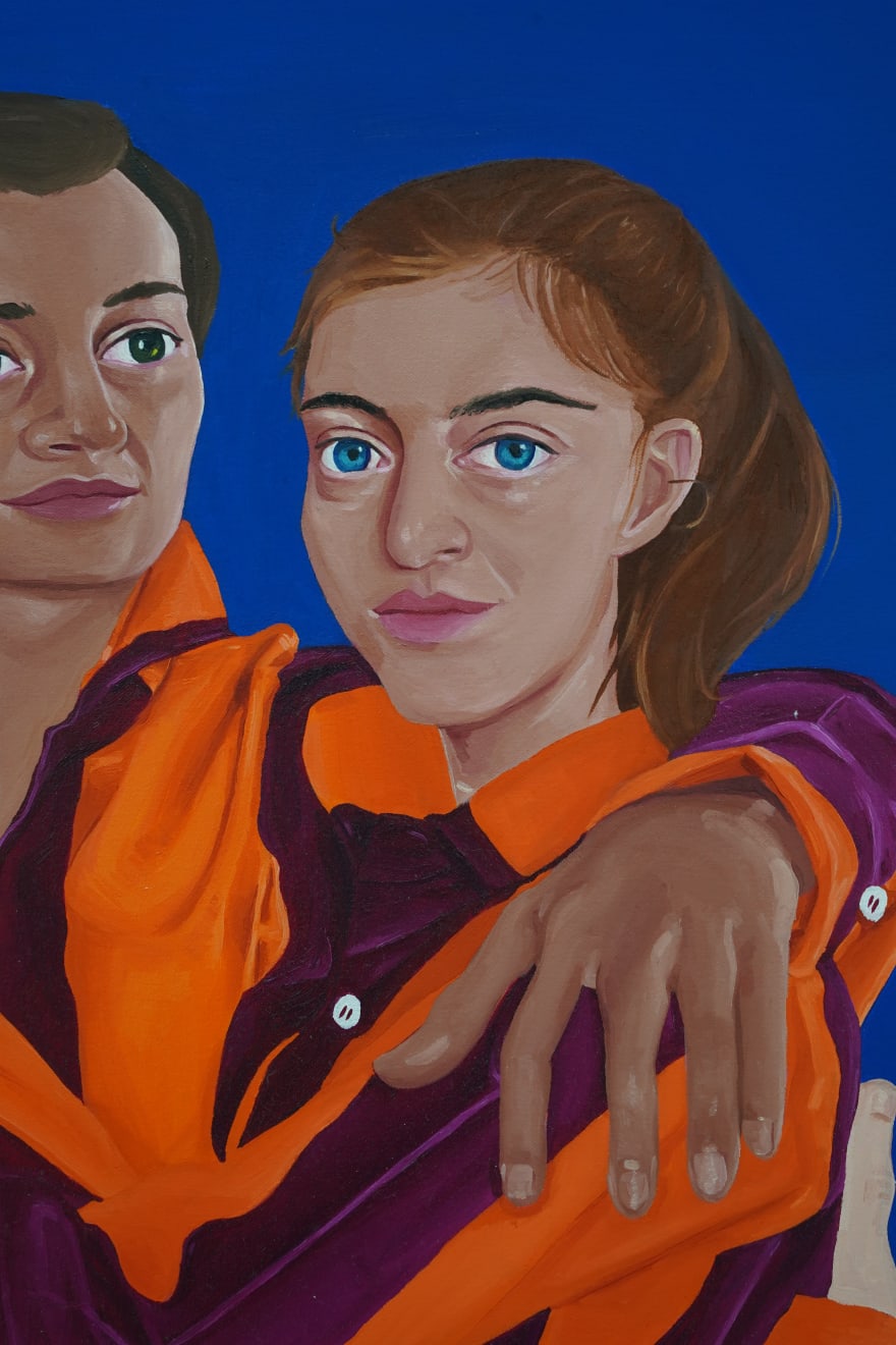 painting of a group of girls in a huddle by fay sanders