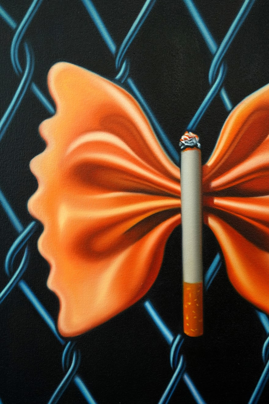 painting of a pasta bowtie with a cigarette in the middle