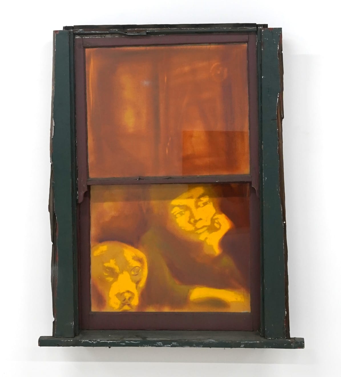 painting of a kid looking out of a window with their dog