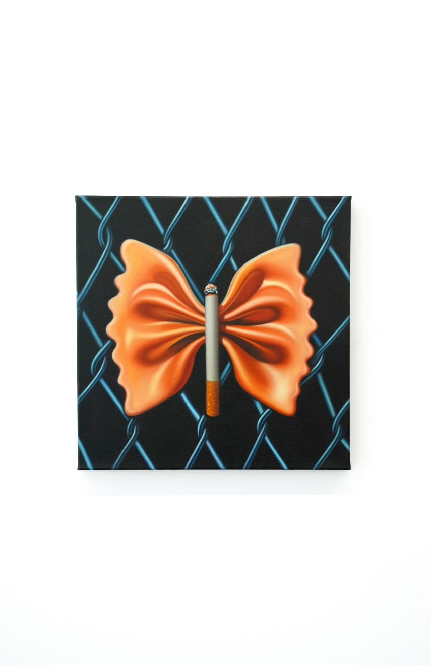 painting of a pasta bowtie with a cigarette in the middle