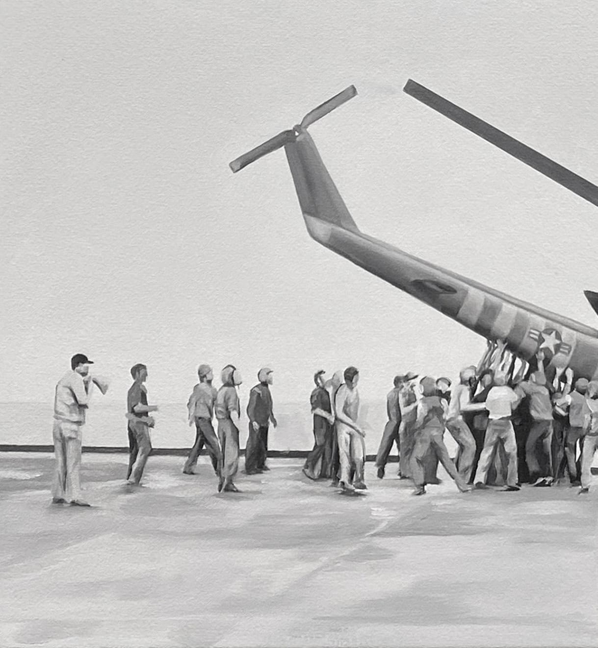 split paimting of a helicopter crash and an abstract section above it