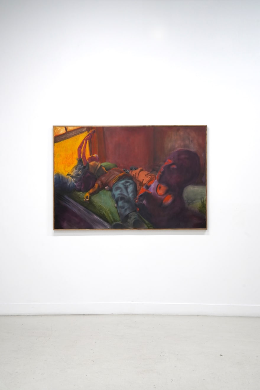 painting of 3 men lounging in bed