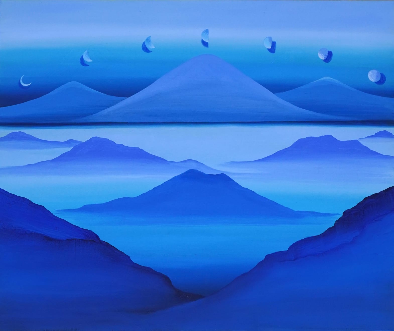 blue paintings on mountain landcape with moons above it