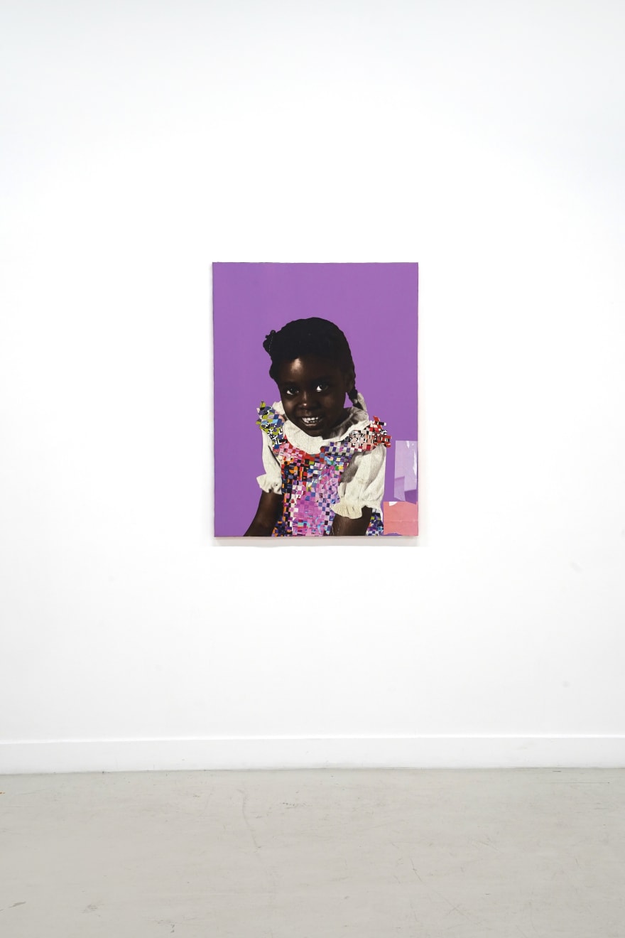 paper collage of a young child on a purple background