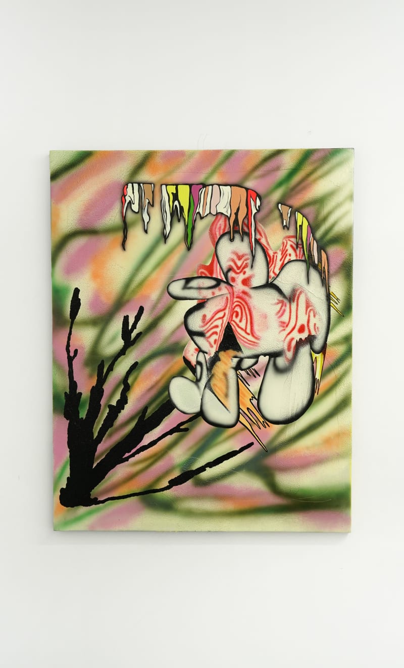 abstract painting of flowers: pink, green and orange