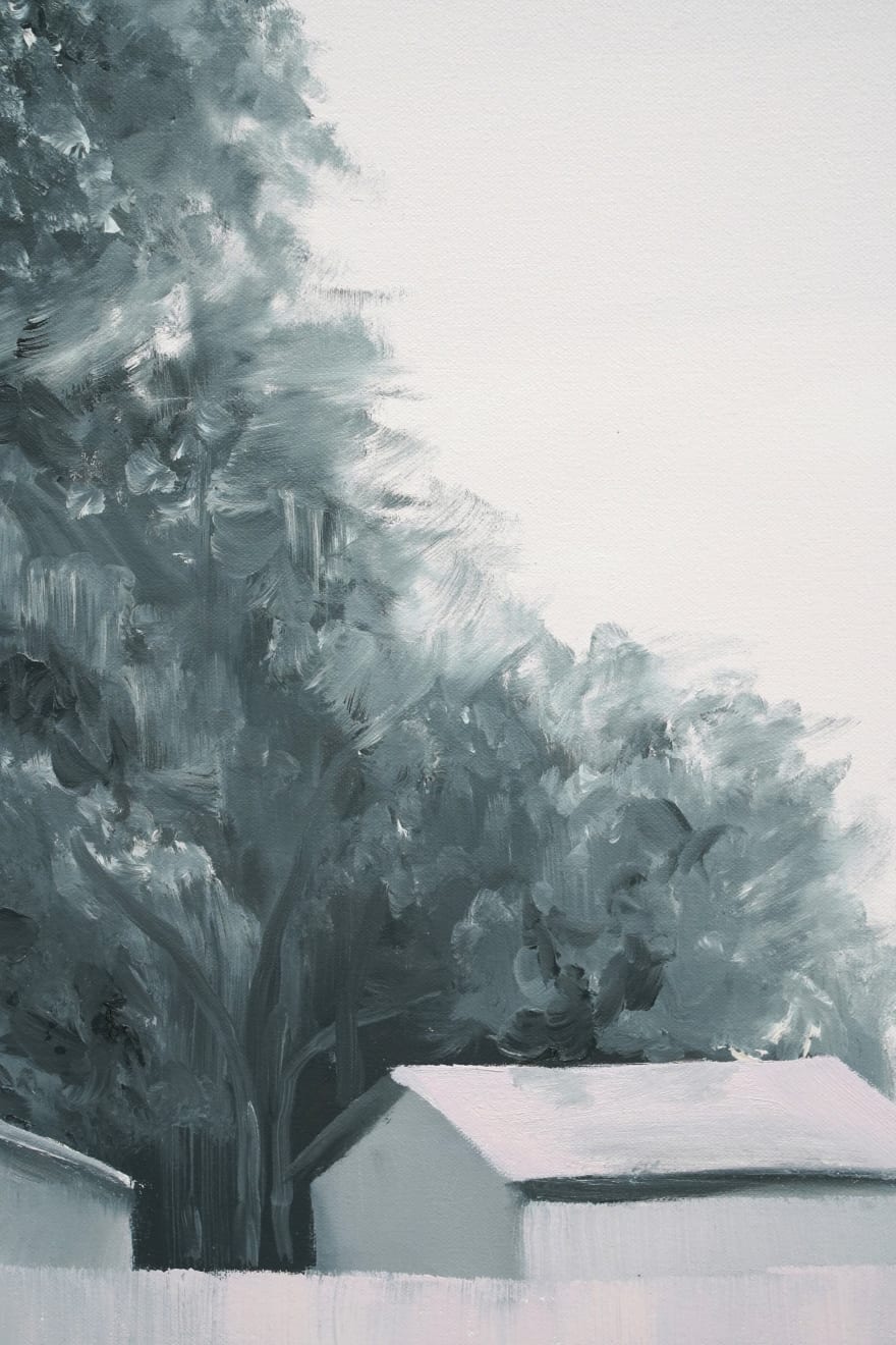 black and white painting with pink hues- of a man walking his horse while also driving his car