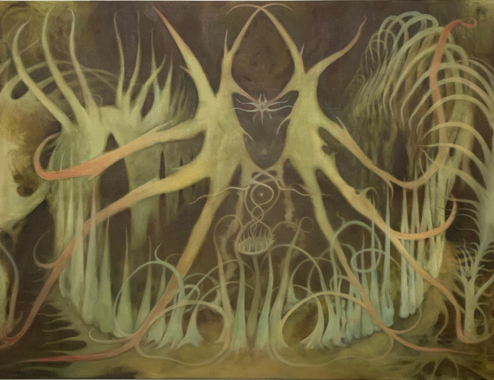 abstract green paintnig of two figures dancing