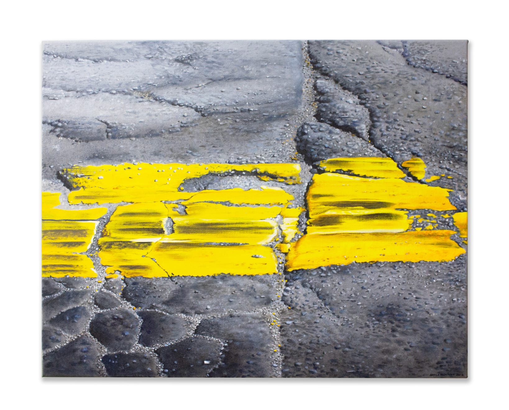 photorealistic painting of a street with yellow paint