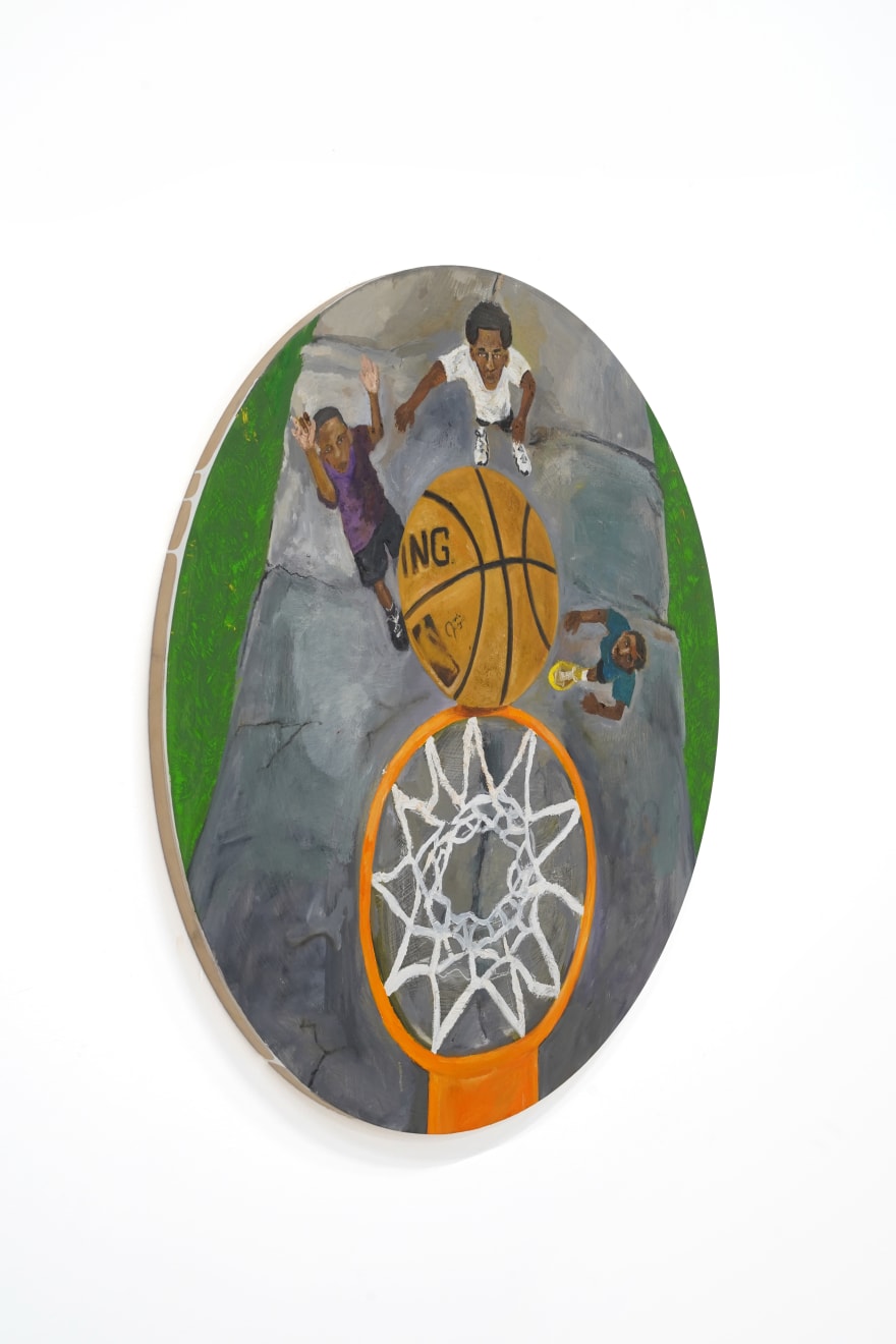 circular painting of 3 kids playing basketball by jonah elijah