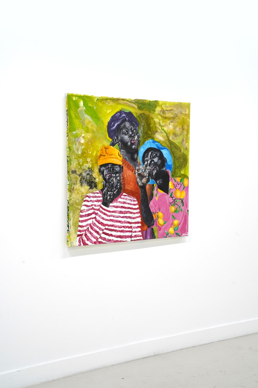 painting of three men in colorful shirts smoking a cigar
