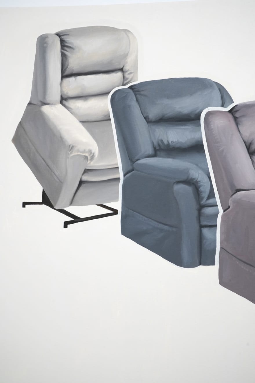 painting of a row of lazy boy armchairs on a cream colored background