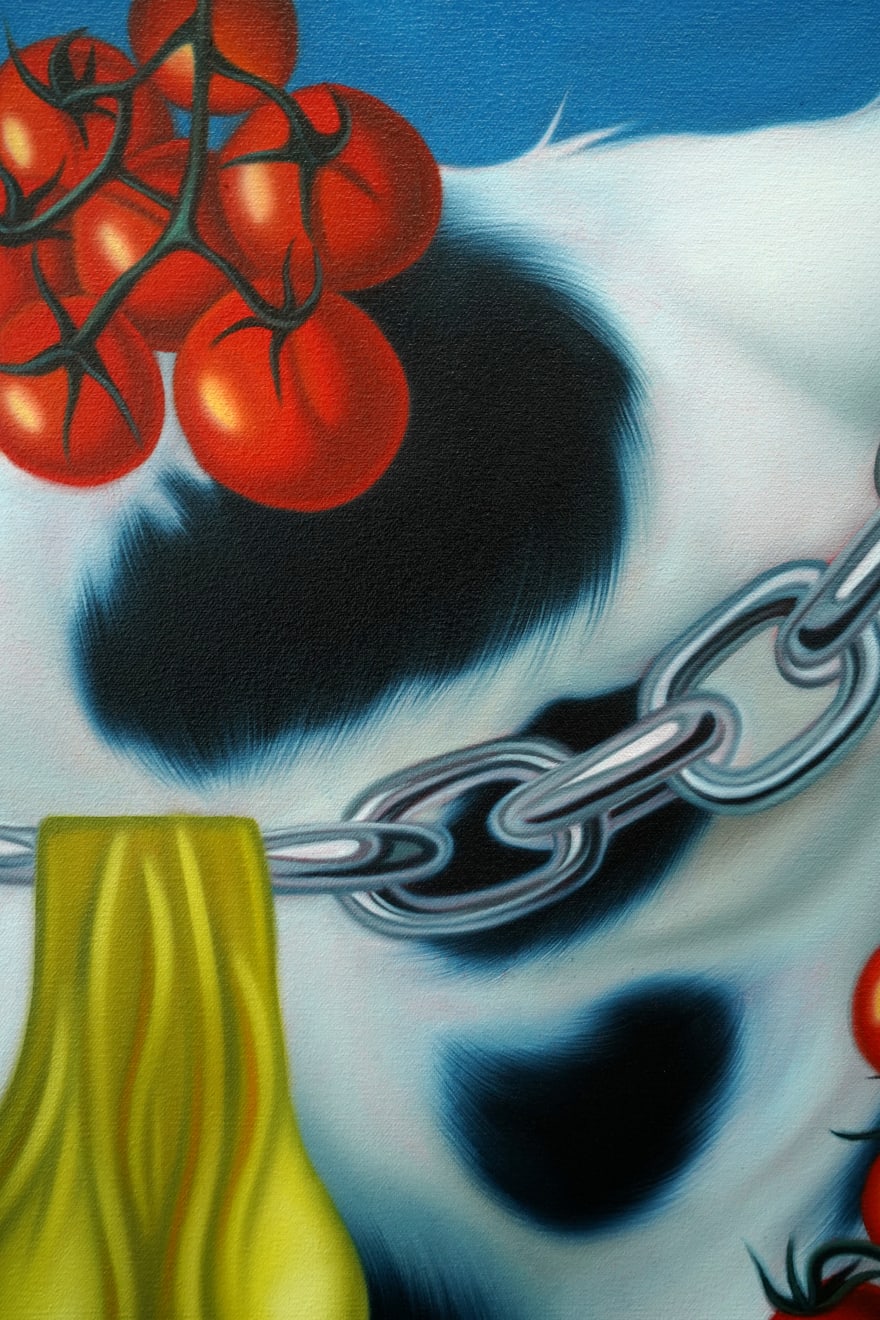 painting of a hand grabbing golden balls on a chain, dalmation pattern and tomatos in the background