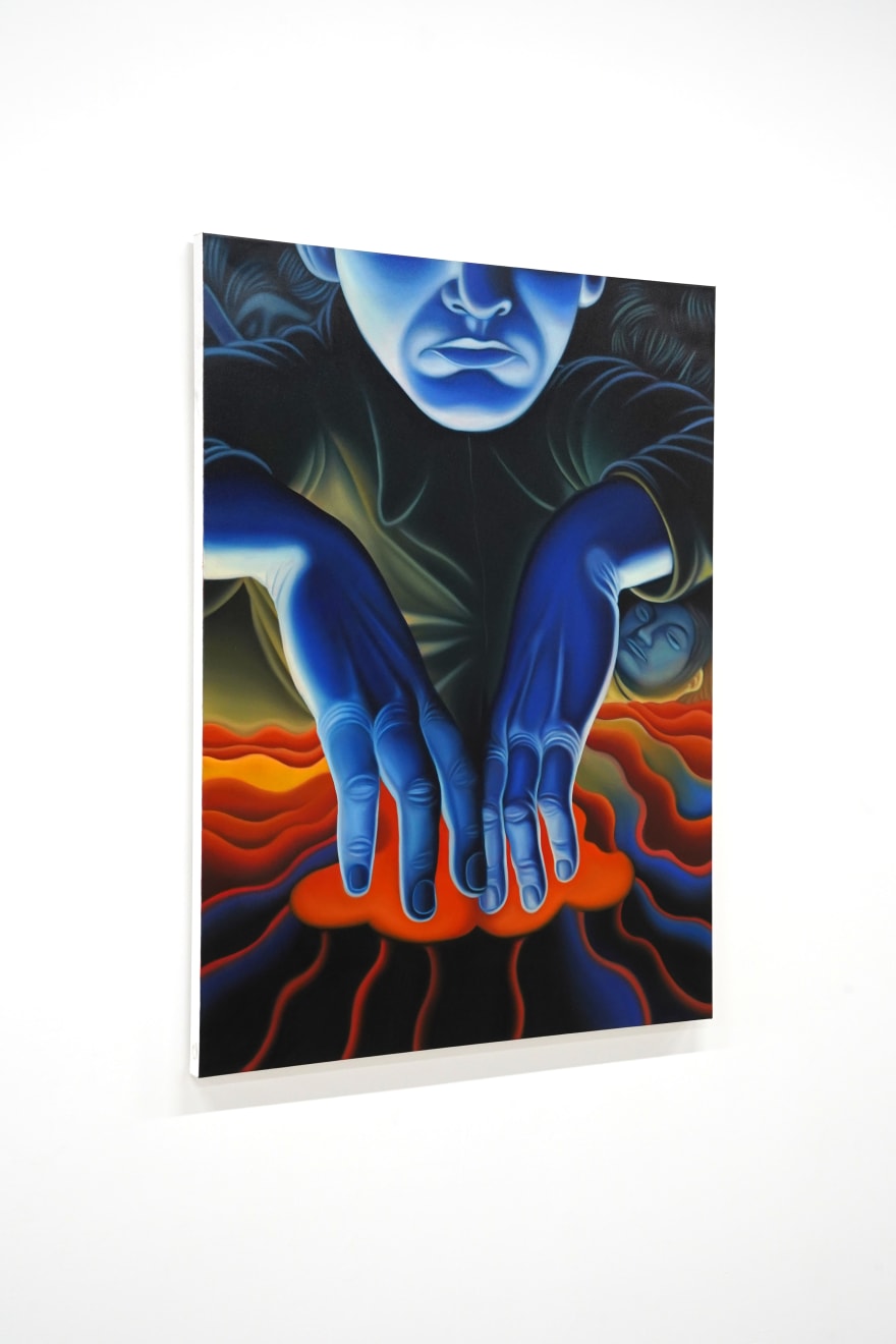 painting of a blue man stcking his hands into a volcano