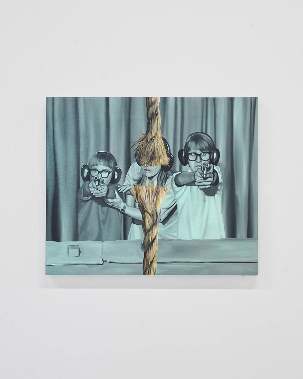 painting of three kids shooting guns at a range . torn rope painted in the middle