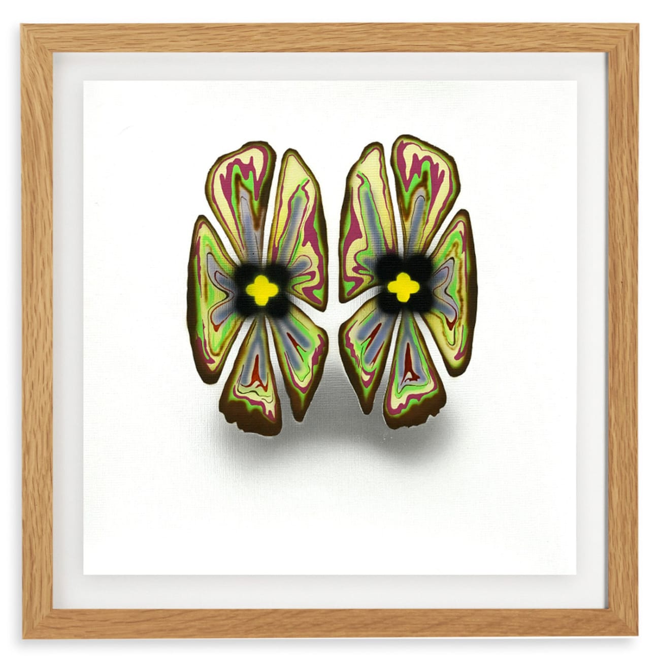 painting in a frame of 2 flowers as eyes for a facea