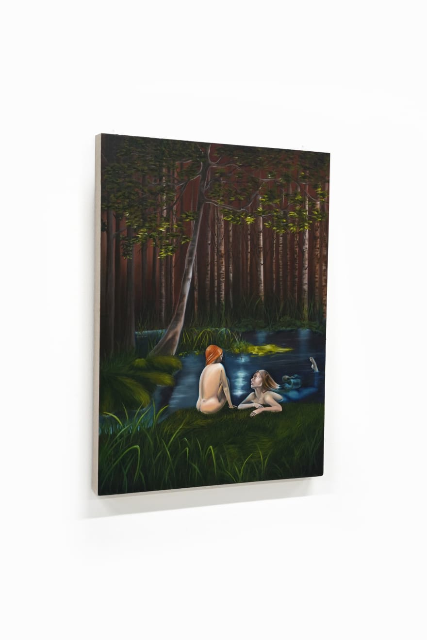 painting of two women in a pond in a forest