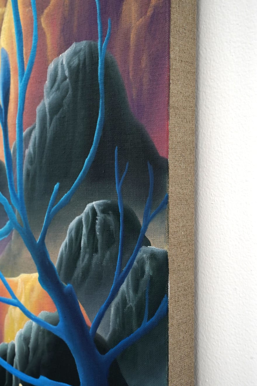 painting of a landscape with mushrooms and mountains