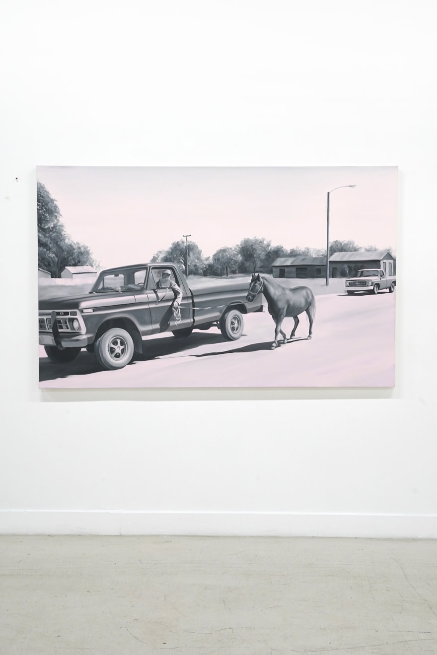 black and white painting with pink hues- of a man walking his horse while also driving his car