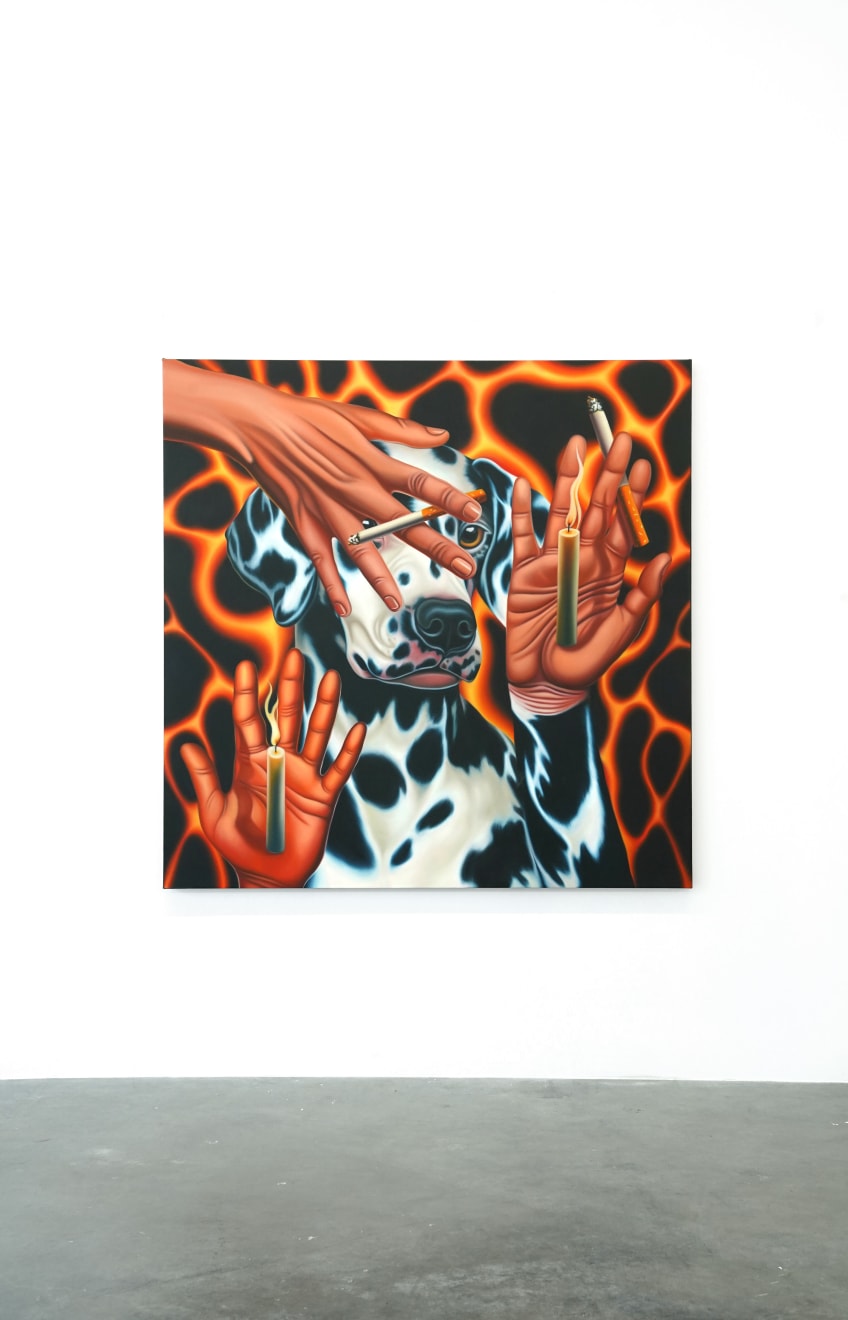 painting of a dalmation with 3 floating hands each holding a canddle or a cigarette