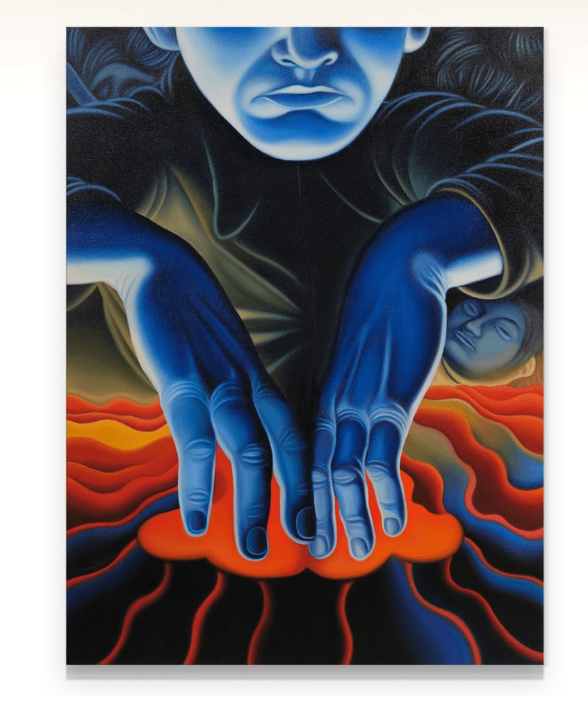 painting of a blue man stcking his hands into a volcano
