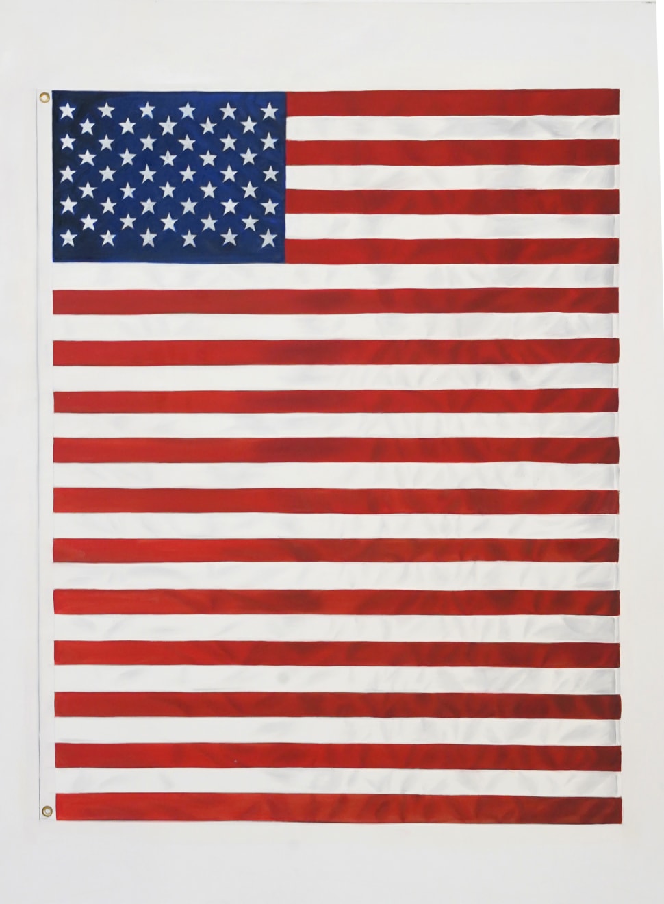 painting of an American Flag with extra red stripes making it longer