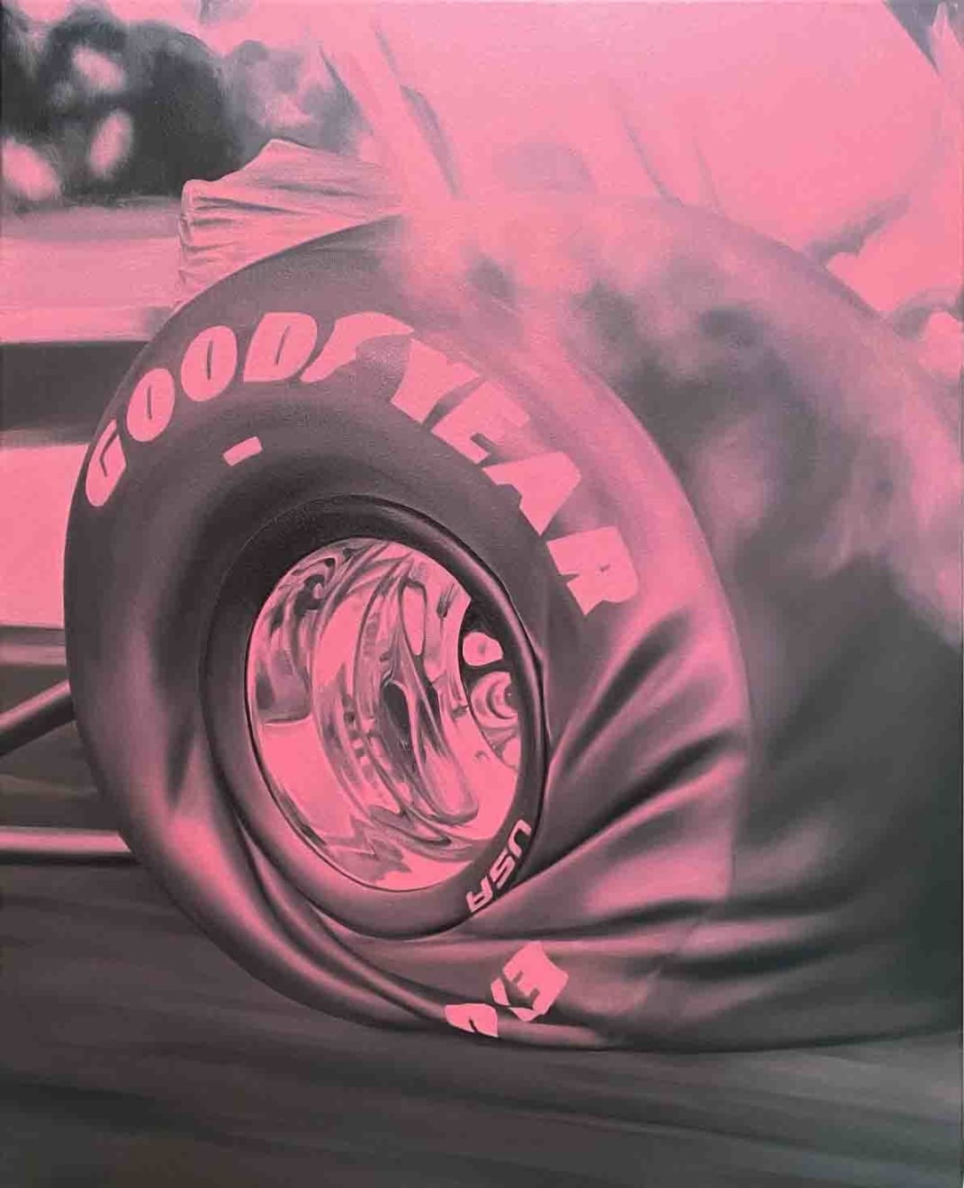 painting of a flat tire on a race car. painted in pink