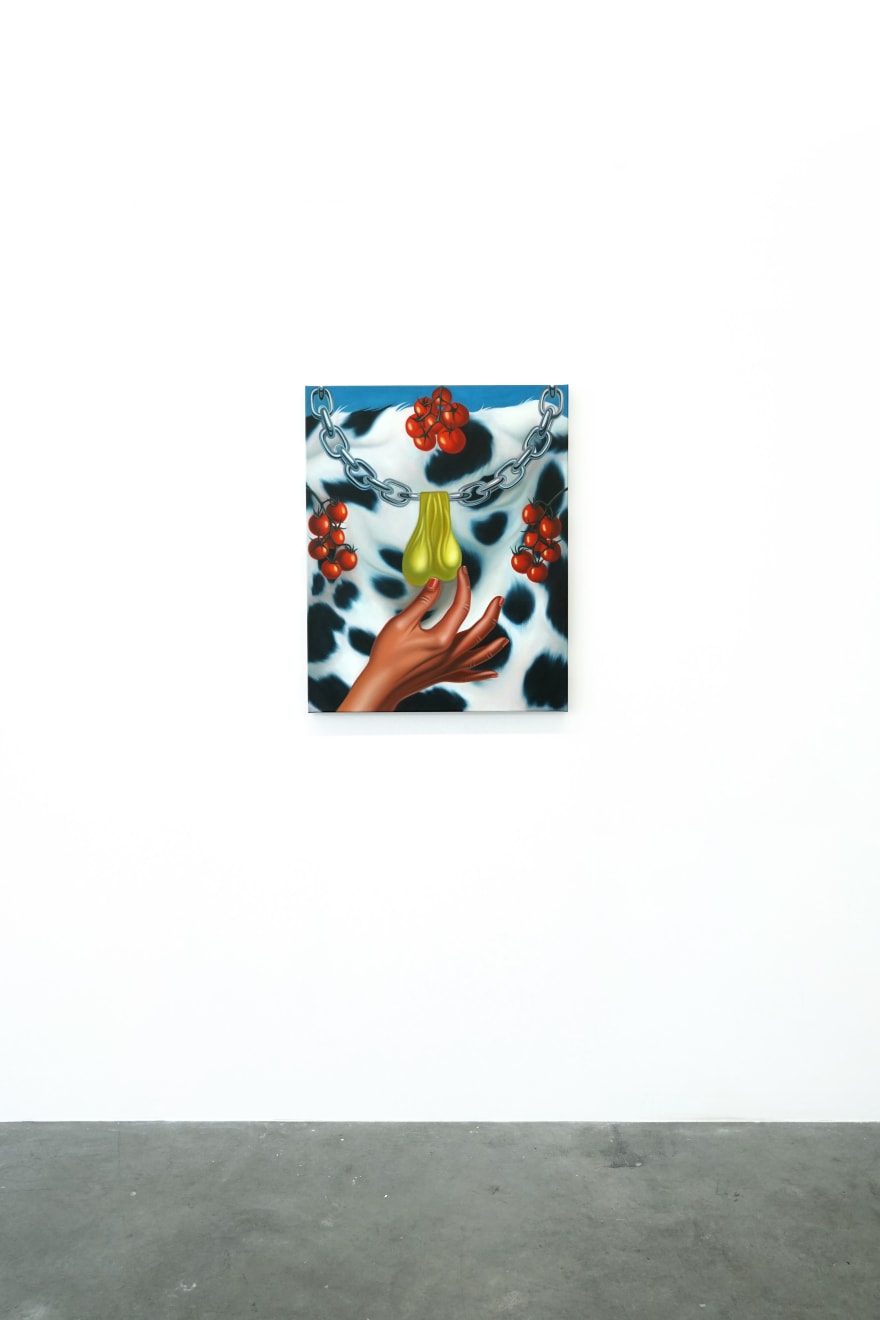 painting of a hand grabbing golden balls on a chain, dalmation pattern and tomatos in the background