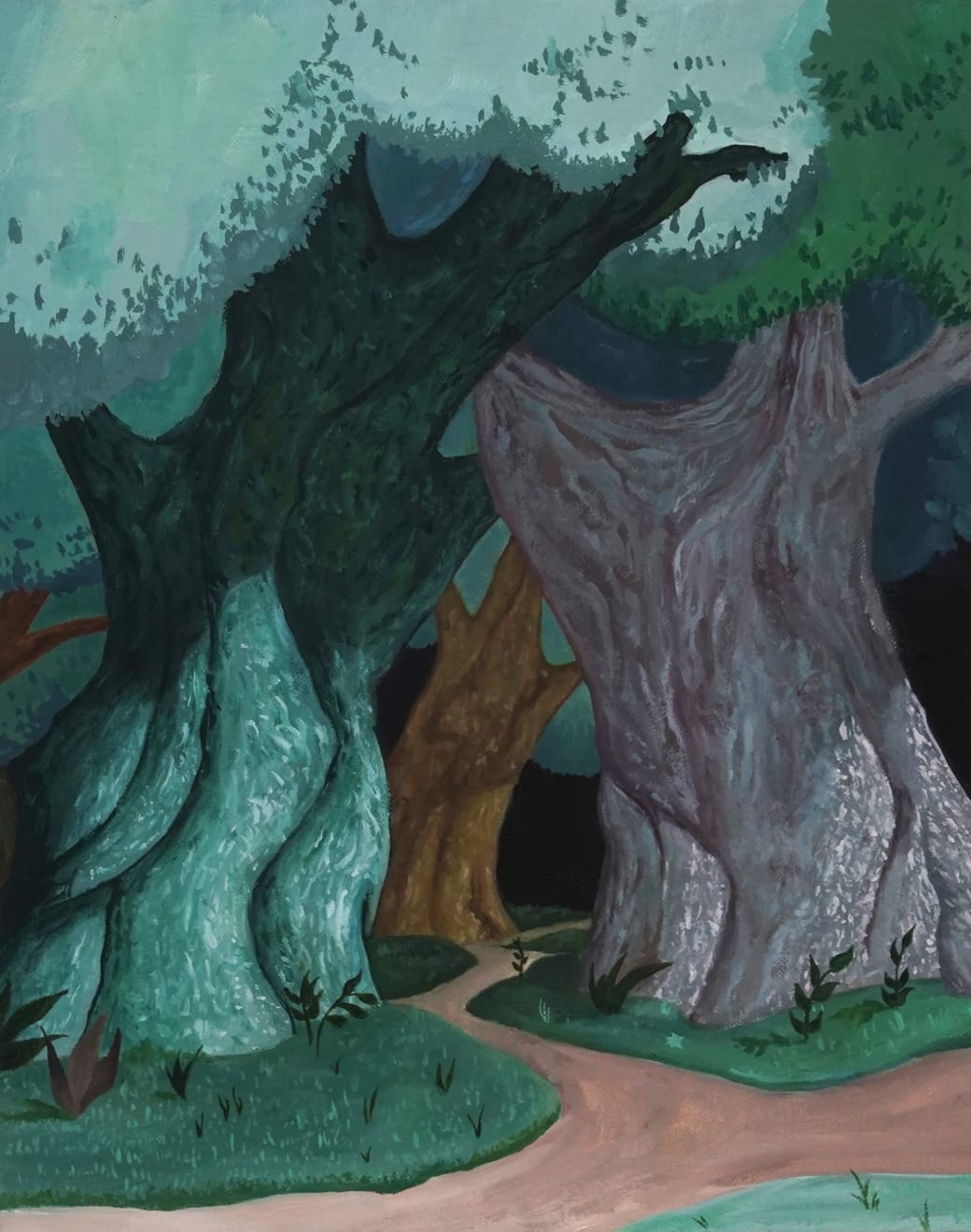 painting of a forest with a winding road