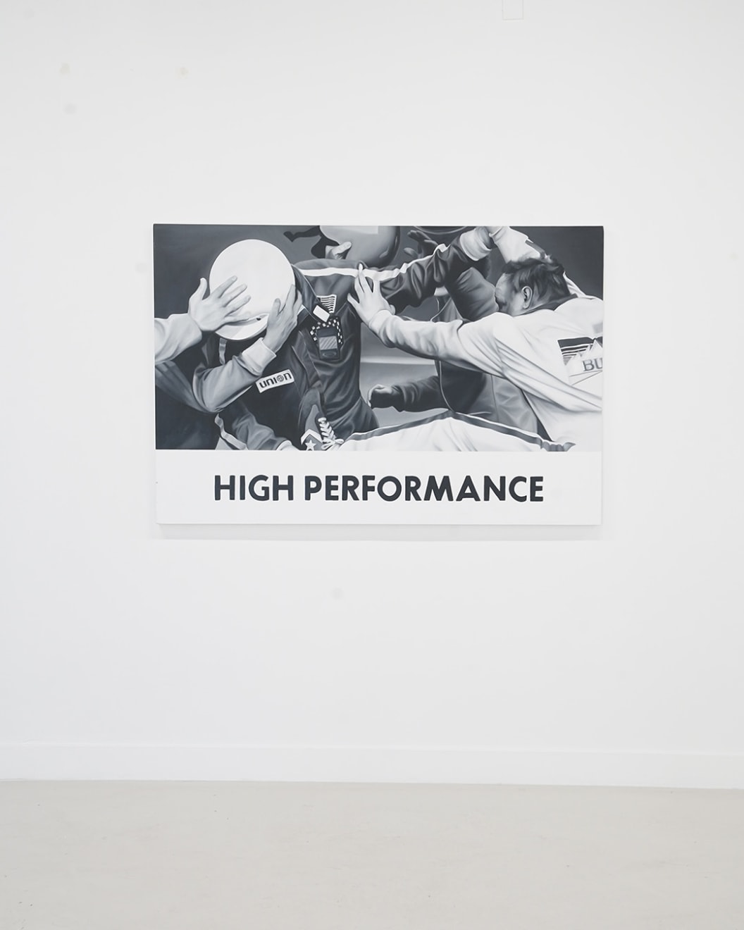 black and white painting of a winning race, people on top of eachother 'High Performance' in writing at the bottom