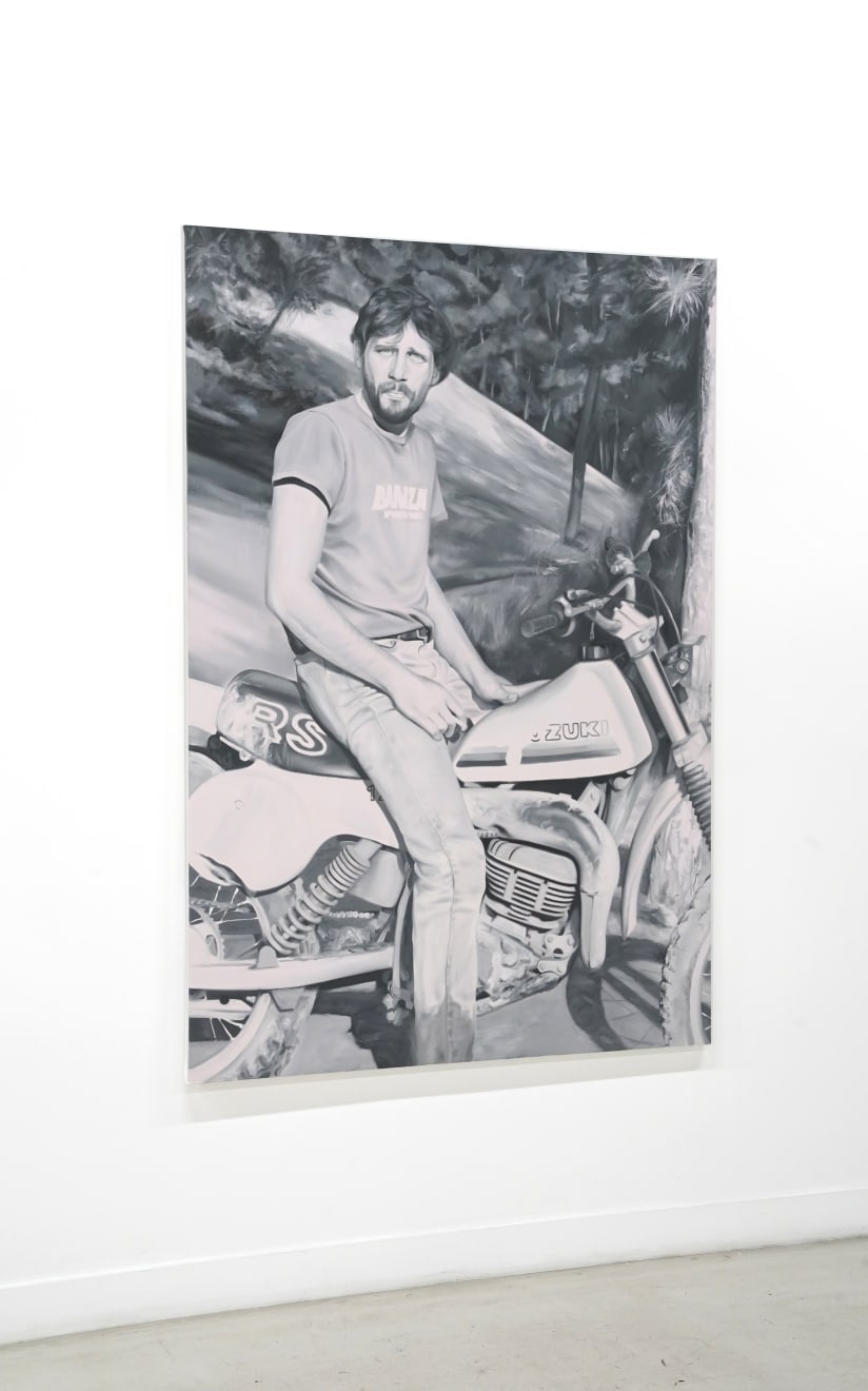 black and white painting of a man sitting on a motorcycle
