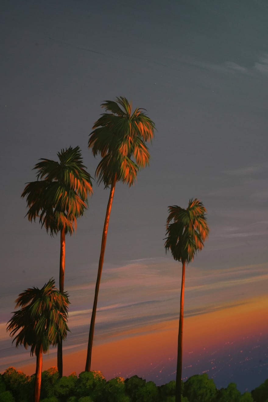 painting of a los angeles landscape with palm trees and a sunset