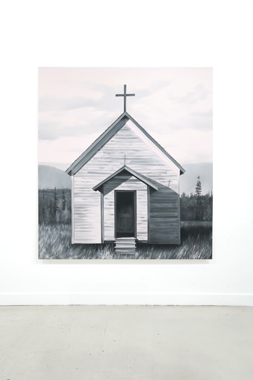 black and white painting of an old church in a feild