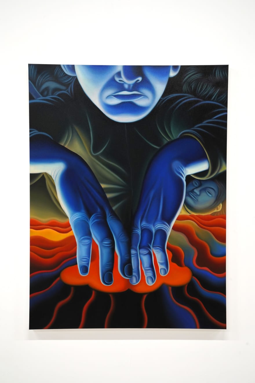 painting of a blue man stcking his hands into a volcano