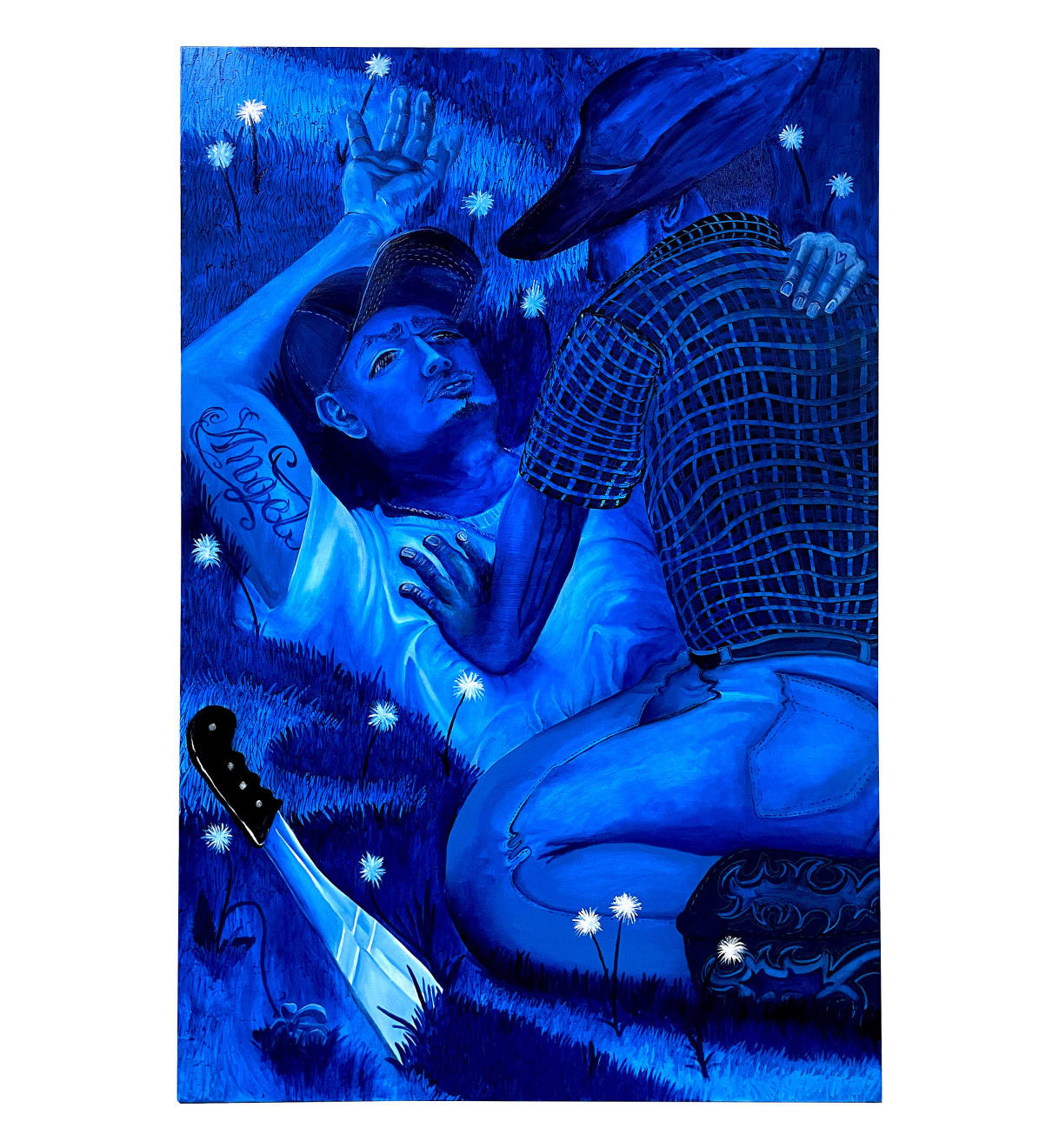 monochromatic blue painting of two men straddling each other in the grass