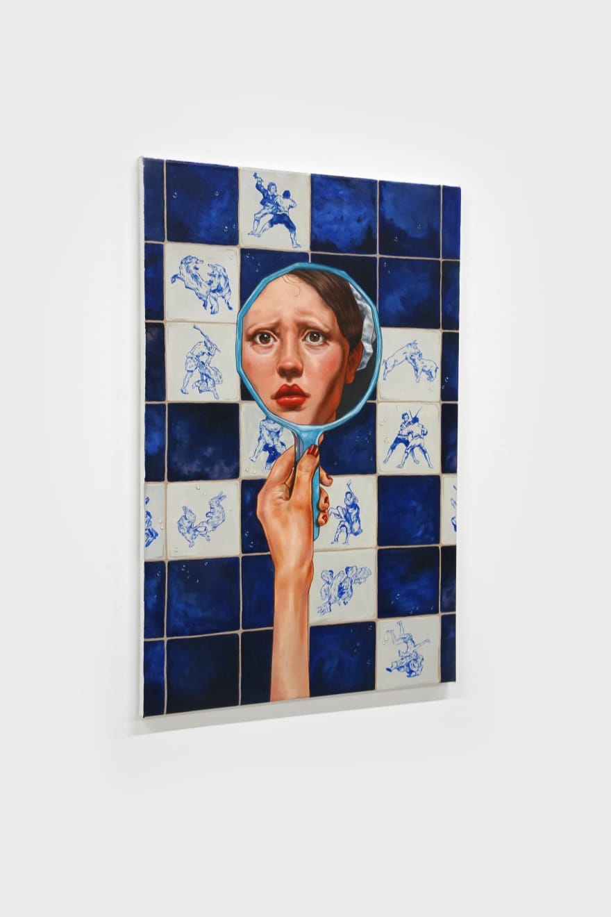 painting of a girls face reflected in a hand mirror