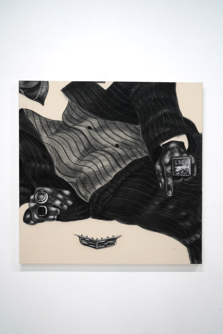 black and white charcoal drawing of a man lounging with a cadillac symbol below him
