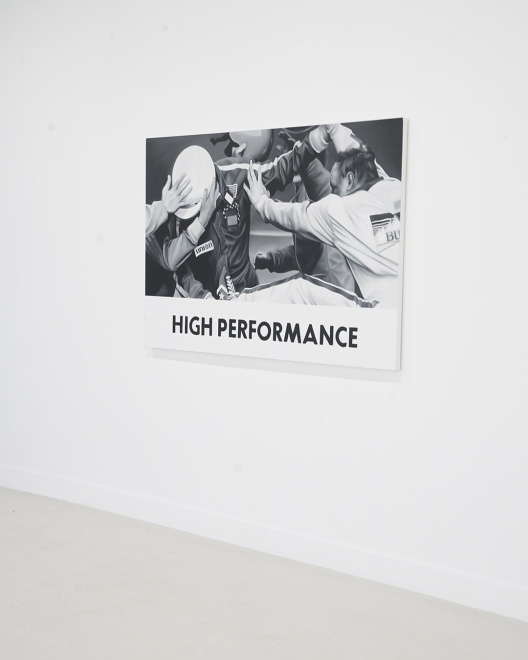 black and white painting of a winning race, people on top of eachother 'High Performance' in writing at the bottom