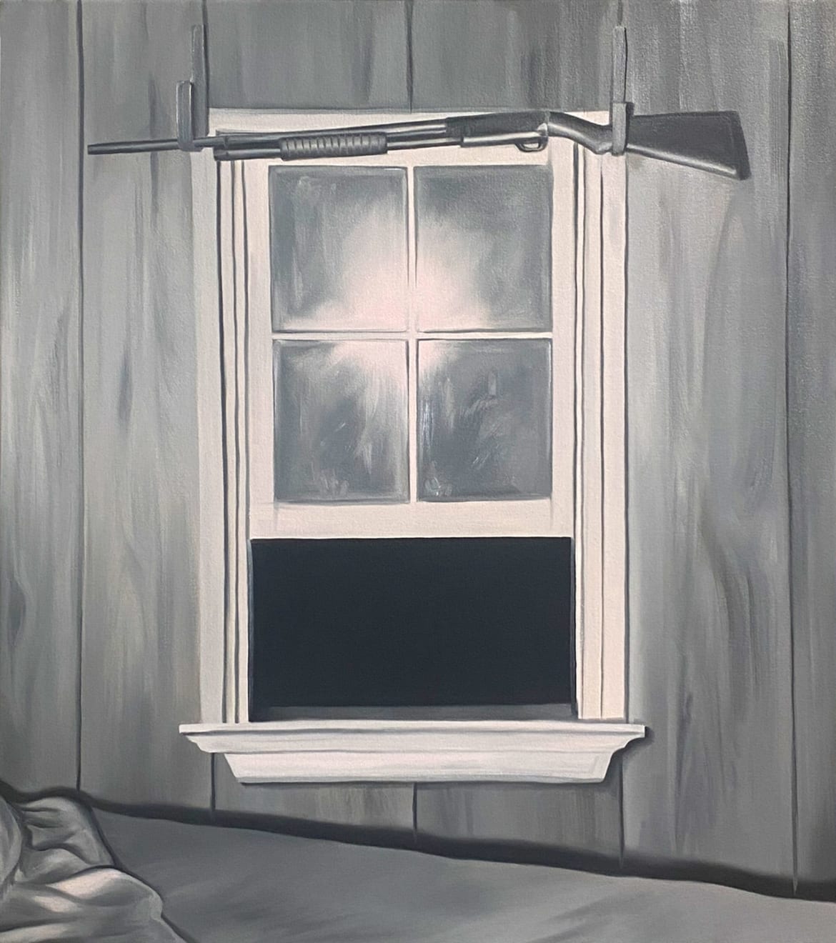 black and white painting of a gun hung above a window