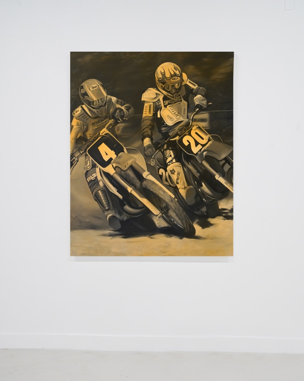Painting of two motocross riders in orange