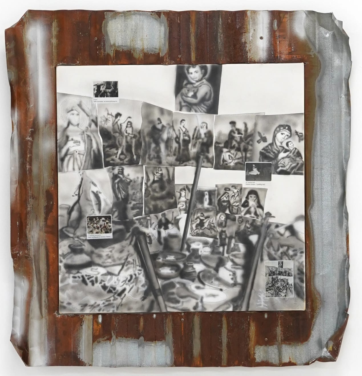 black and white painting collage on canvas mounted on metal