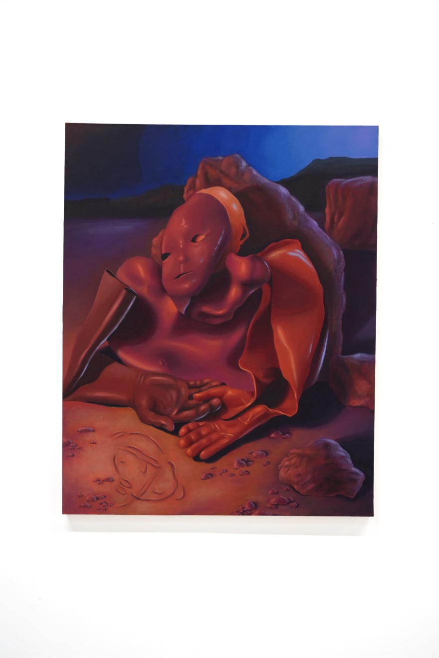 painting of a melting human form in monochromatic red and purple tones
