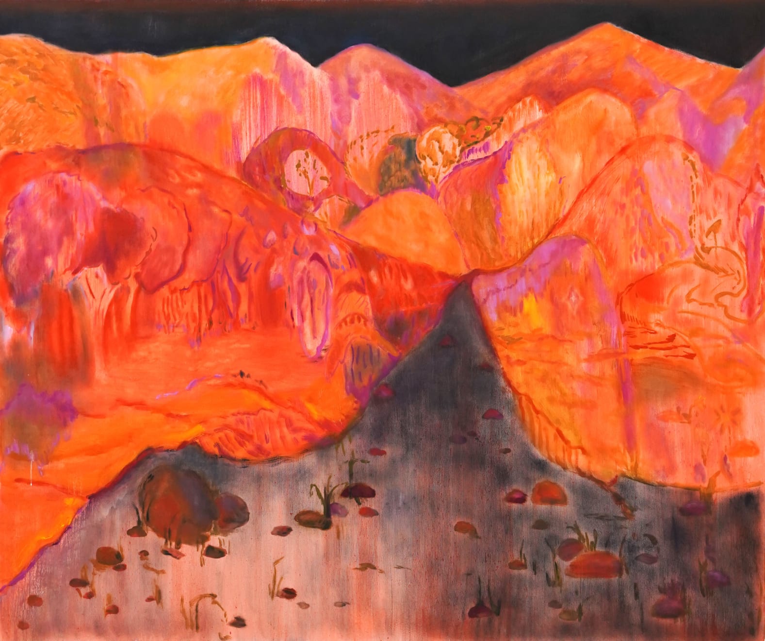 abstract painting of a valley with mountains