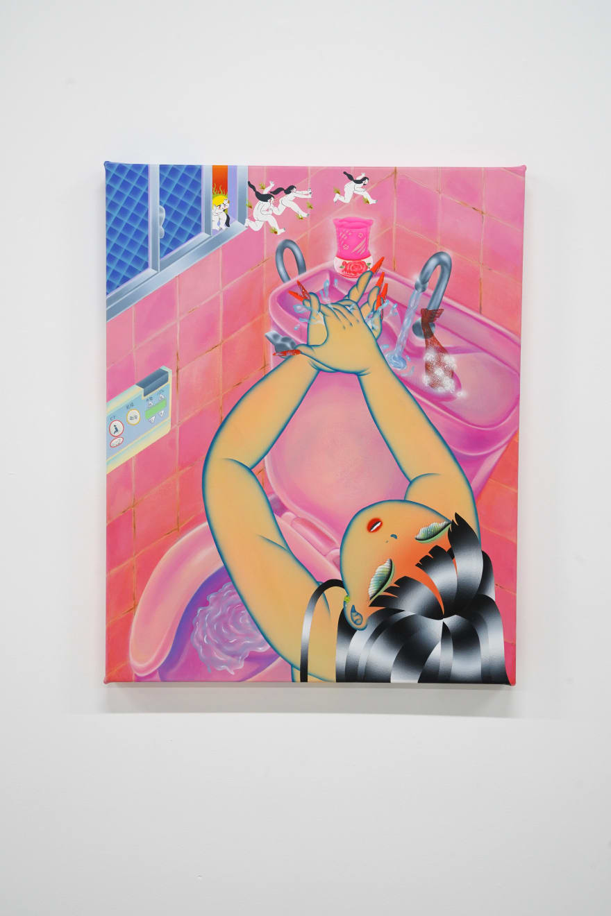 painting of a girl washing her hands in the sink of a pink bathroom