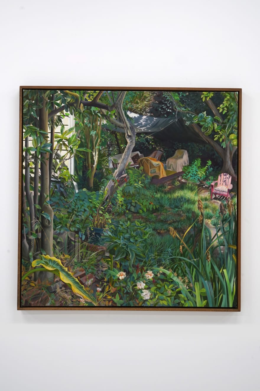 plein air painting of an overgrown backyard