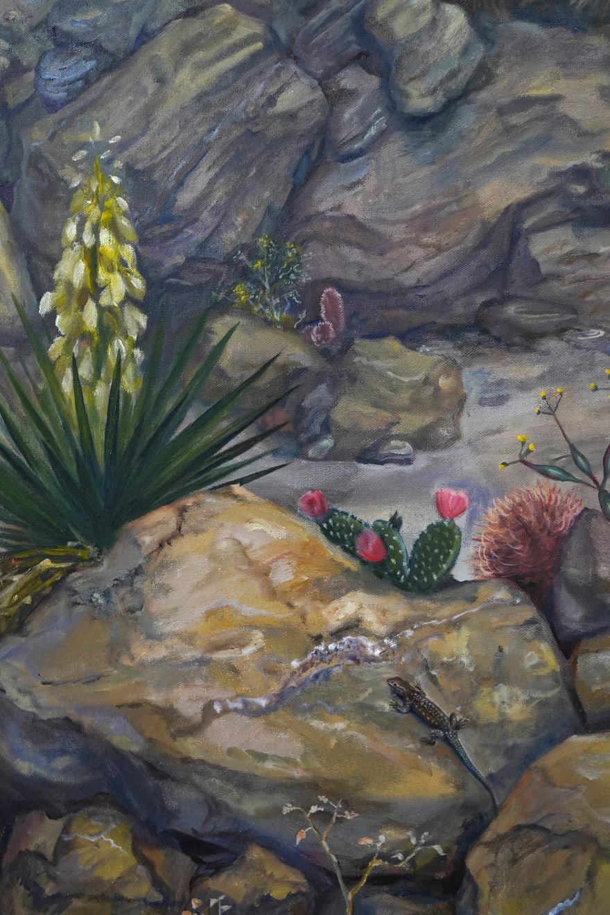 realistic painting of a desert landscape with a volcano