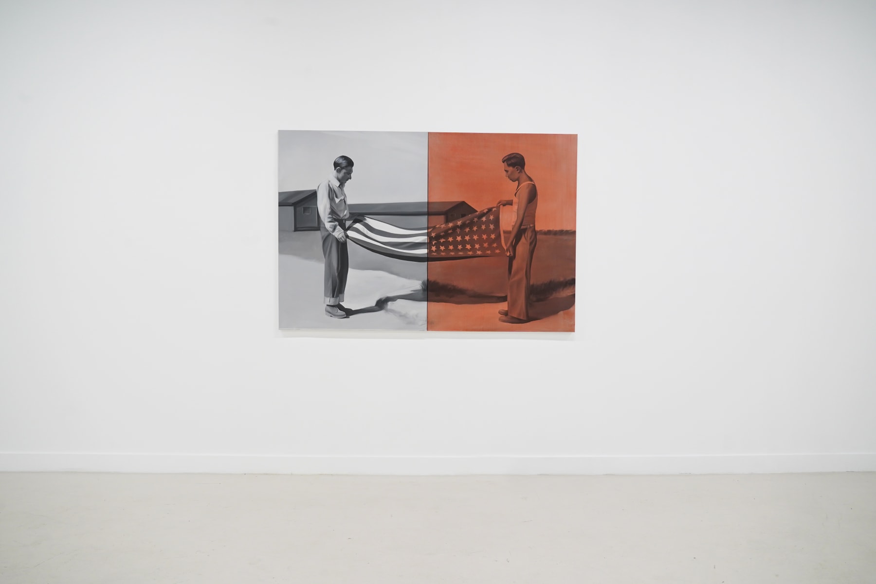 black and white painting of two men folding a flag. Half the painting is washed in red