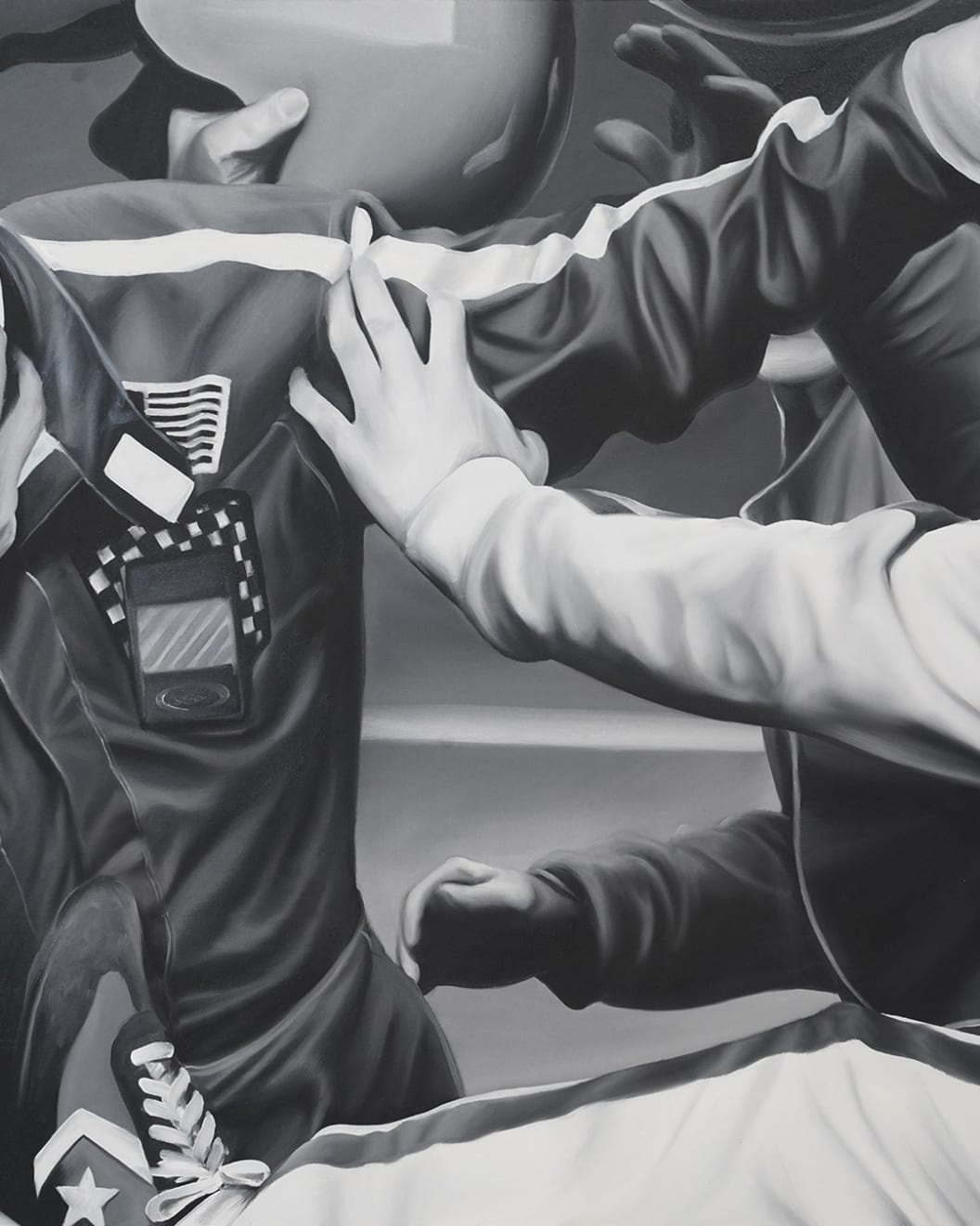 black and white painting of a winning race, people on top of eachother 'High Performance' in writing at the bottom