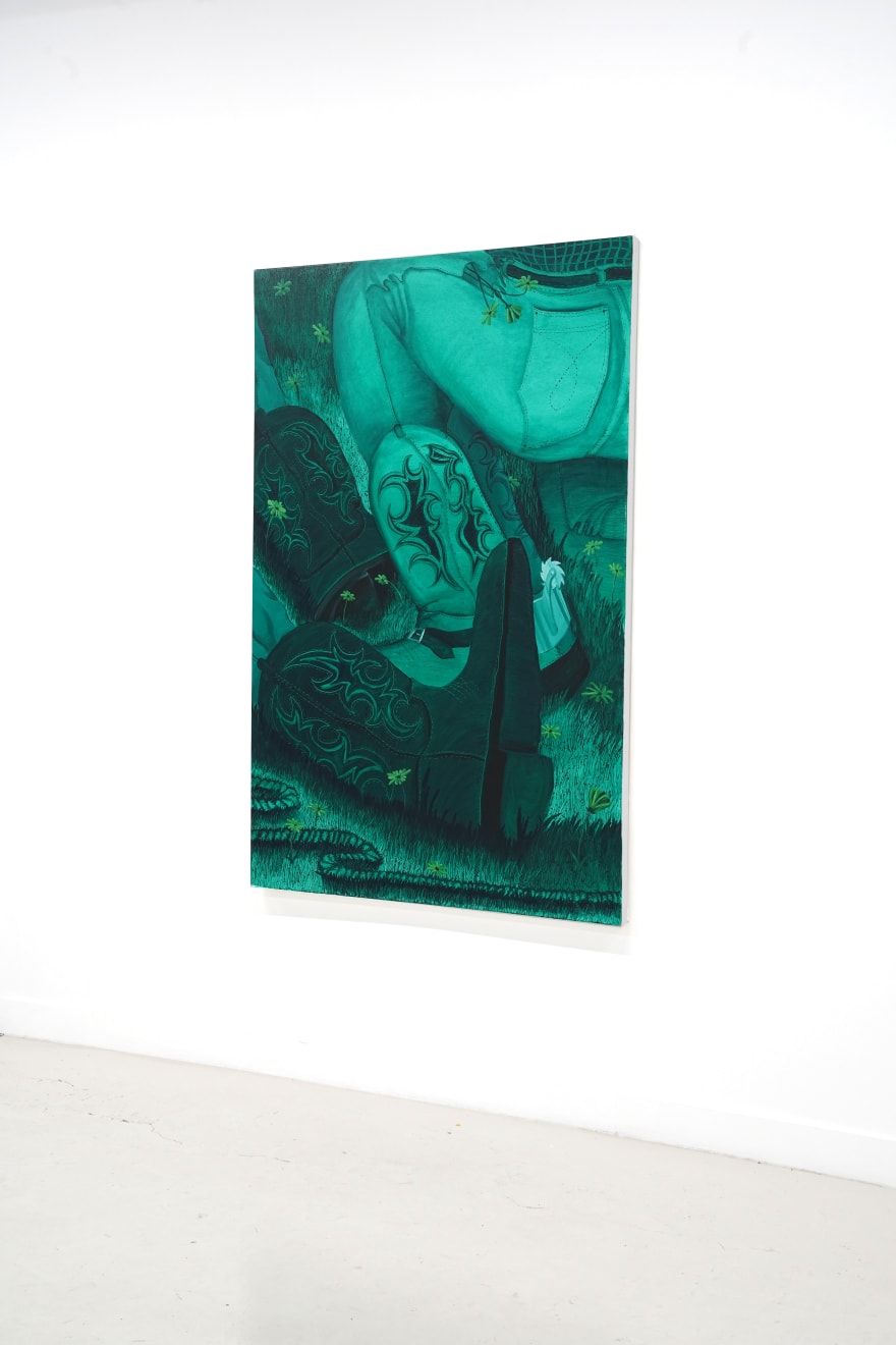 monochromatic green painting of legs with cowboy boots